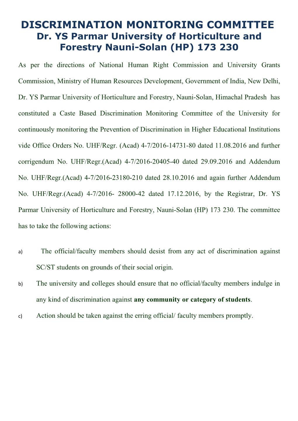 Dr. YS Parmar University of Horticulture and Forestry Nauni-Solan (HP) 173 230