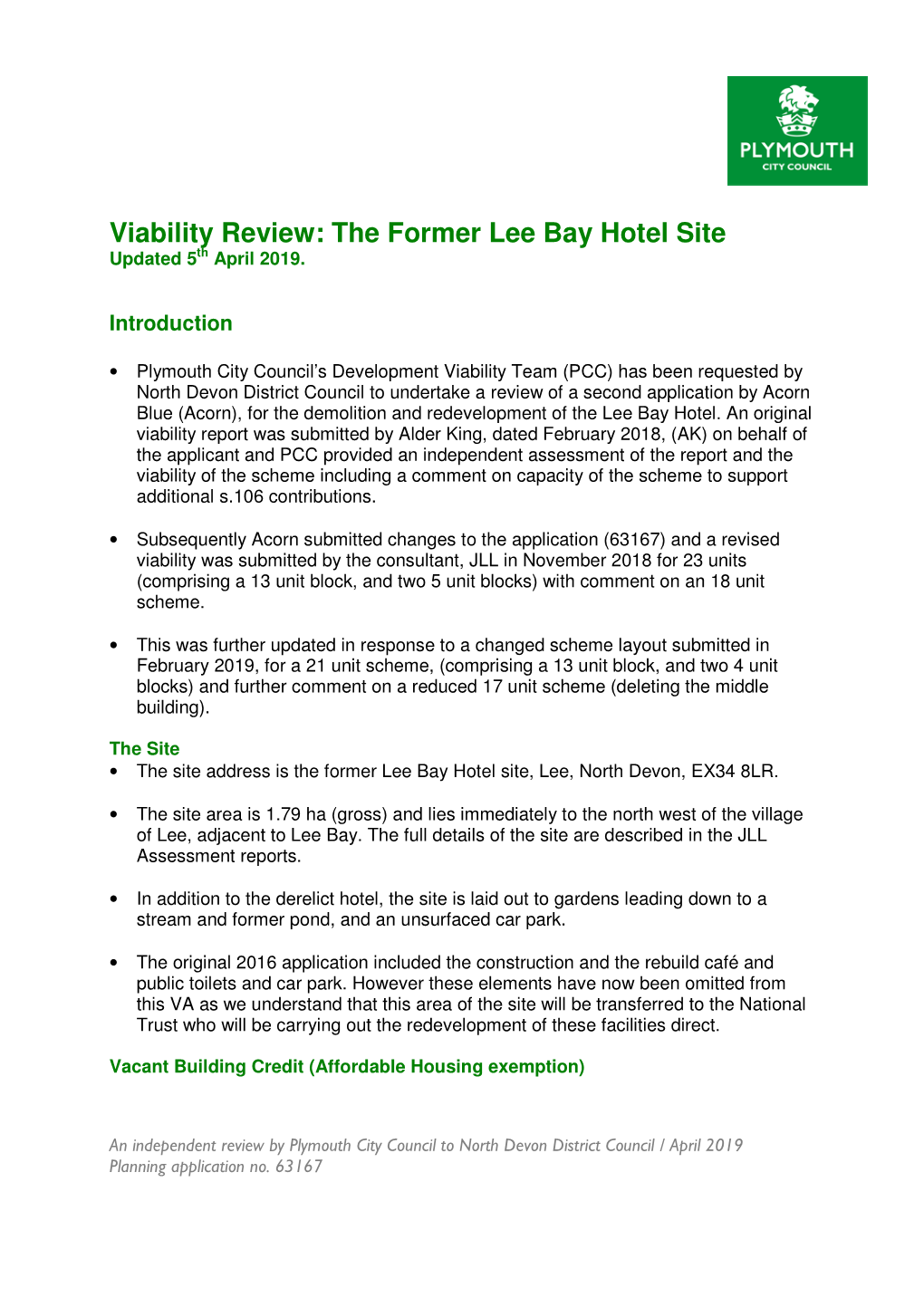 Viability Review: the Former Lee Bay Hotel Site Updated 5 Th April 2019