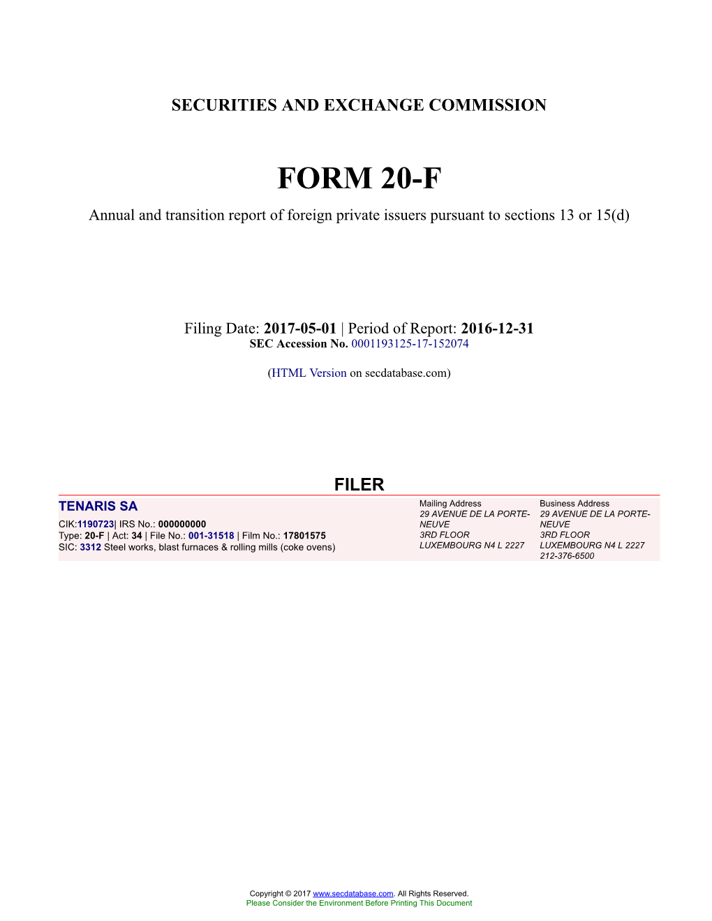 TENARIS SA Form 20-F Filed 2017-05-01