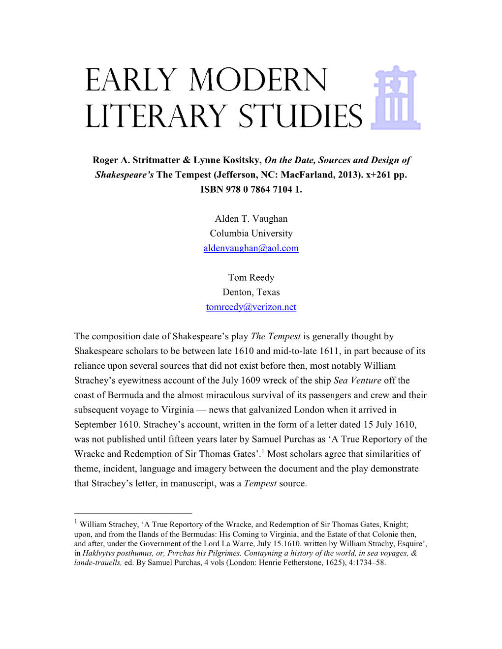 Critique of Stritmatter & Kositsky, on the Dates, Sources and Design of Shakespeare's the Tempest (Jeferslon, NC: Macfarla