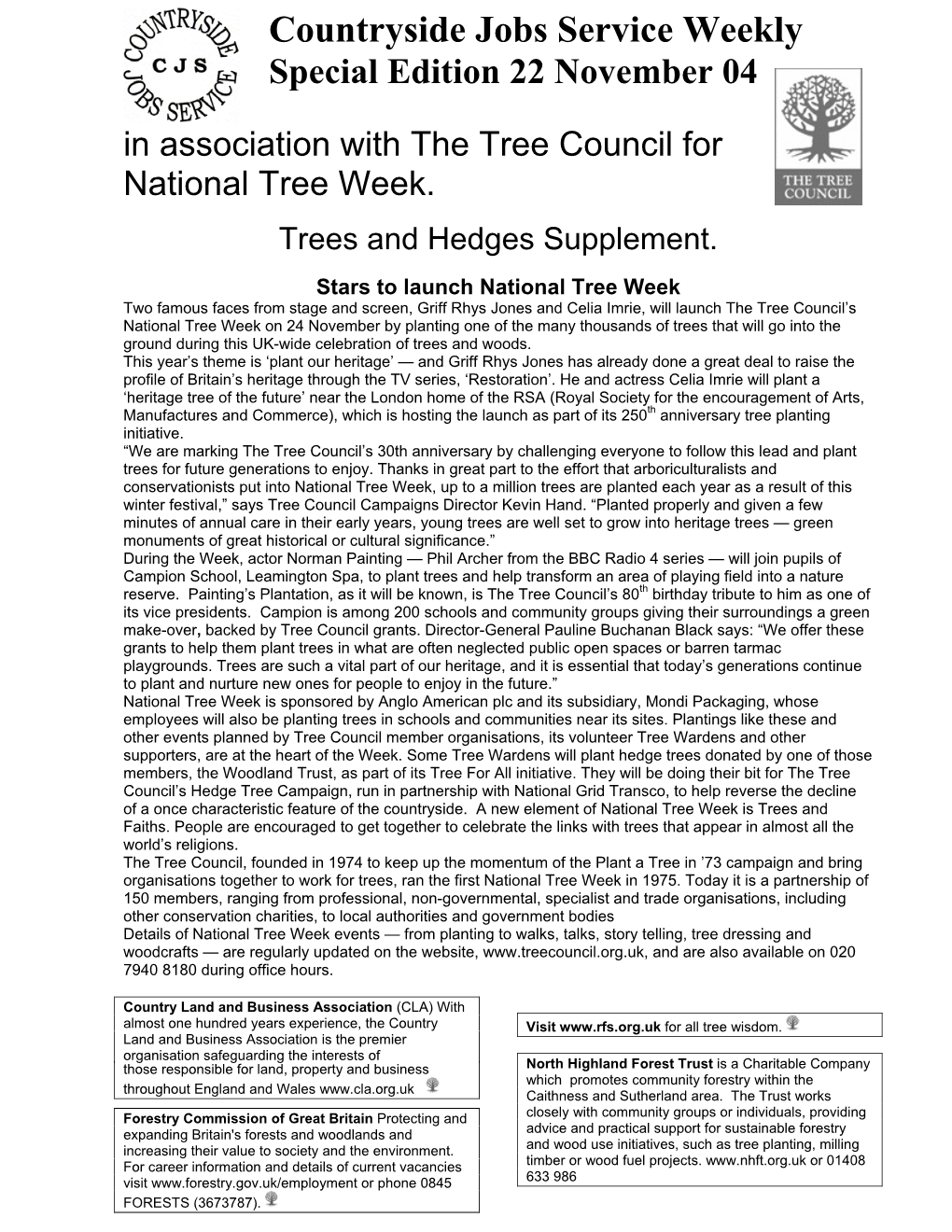 Countryside Jobs Service Weekly Special Edition 22 November 04 in Association with the Tree Council for National Tree Week