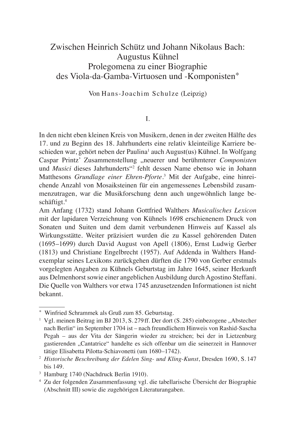Zwischen Heinrich Schütz Und Johann Nikolaus Bach: Augustus Kühnel Prolegomena Zu Einer Biographie Des Viola-Da-Gamba-Virtuosen Und -Komponisten*