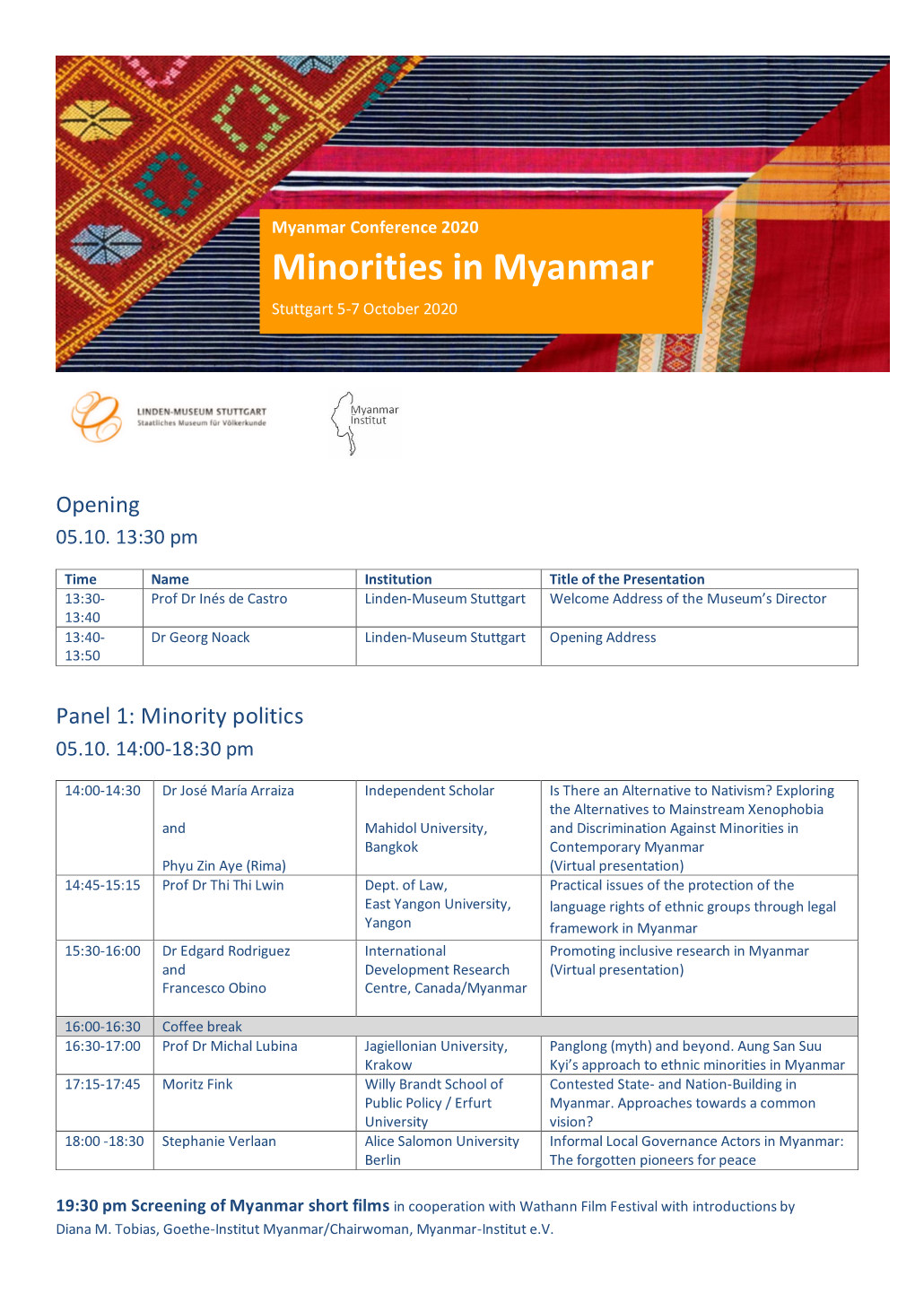 Minorities in Myanmar Stuttgart 5-7 October 2020