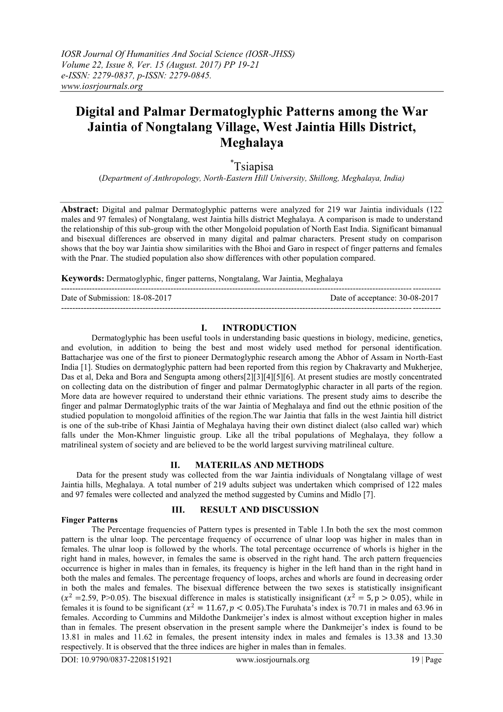 Digital and Palmar Dermatoglyphic Patterns Among the War Jaintia of Nongtalang Village, West Jaintia Hills District, Meghalaya