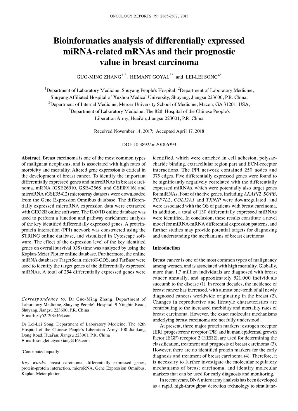 Bioinformatics Analysis of Differentially Expressed Mirna-Related Mrnas and Their Prognostic Value in Breast Carcinoma