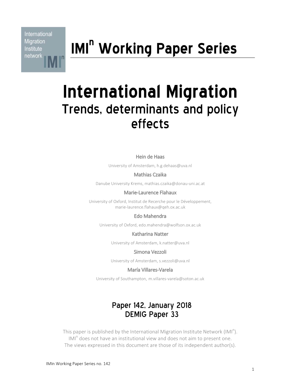 International Migration Trends, Determinants and Policy Effects