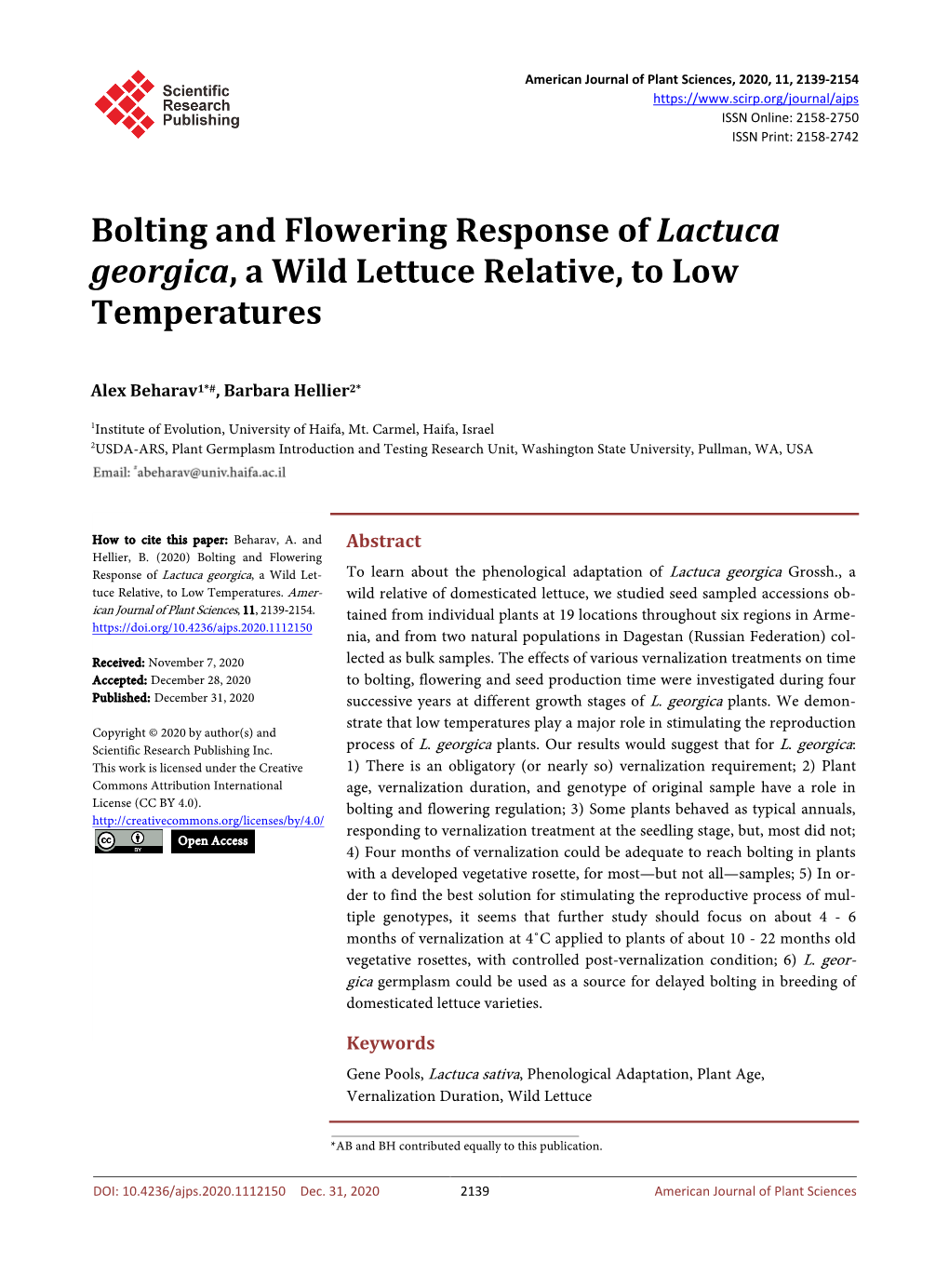 Bolting and Flowering Response of Lactuca Georgica, a Wild Lettuce Relative, to Low Temperatures