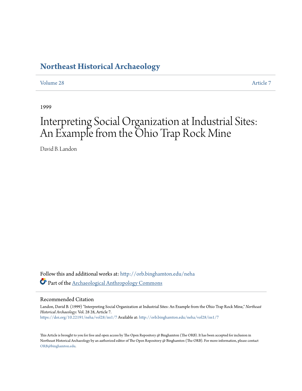 Interpreting Social Organization at Industrial Sites: an Example from the Ohio Trap Rock Mine David B