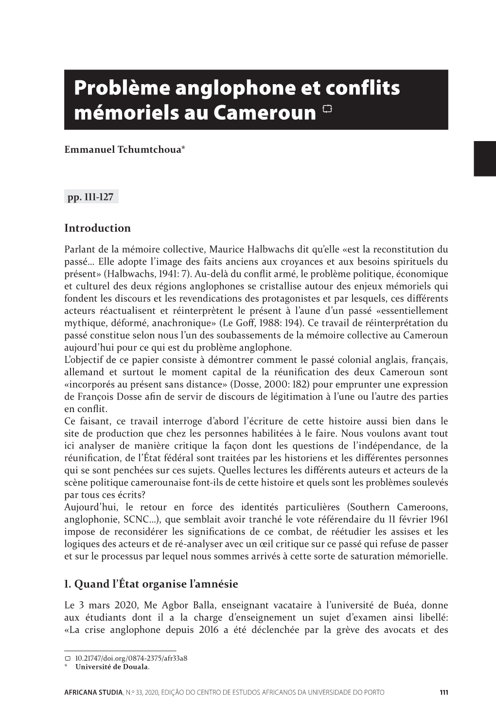 Problème Anglophone Et Conflits Mémoriels Au Cameroun 