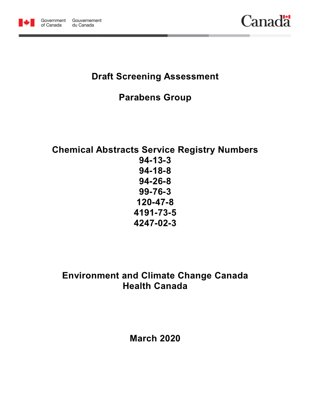 Draft Screening Assessment Parabens Group Chemical