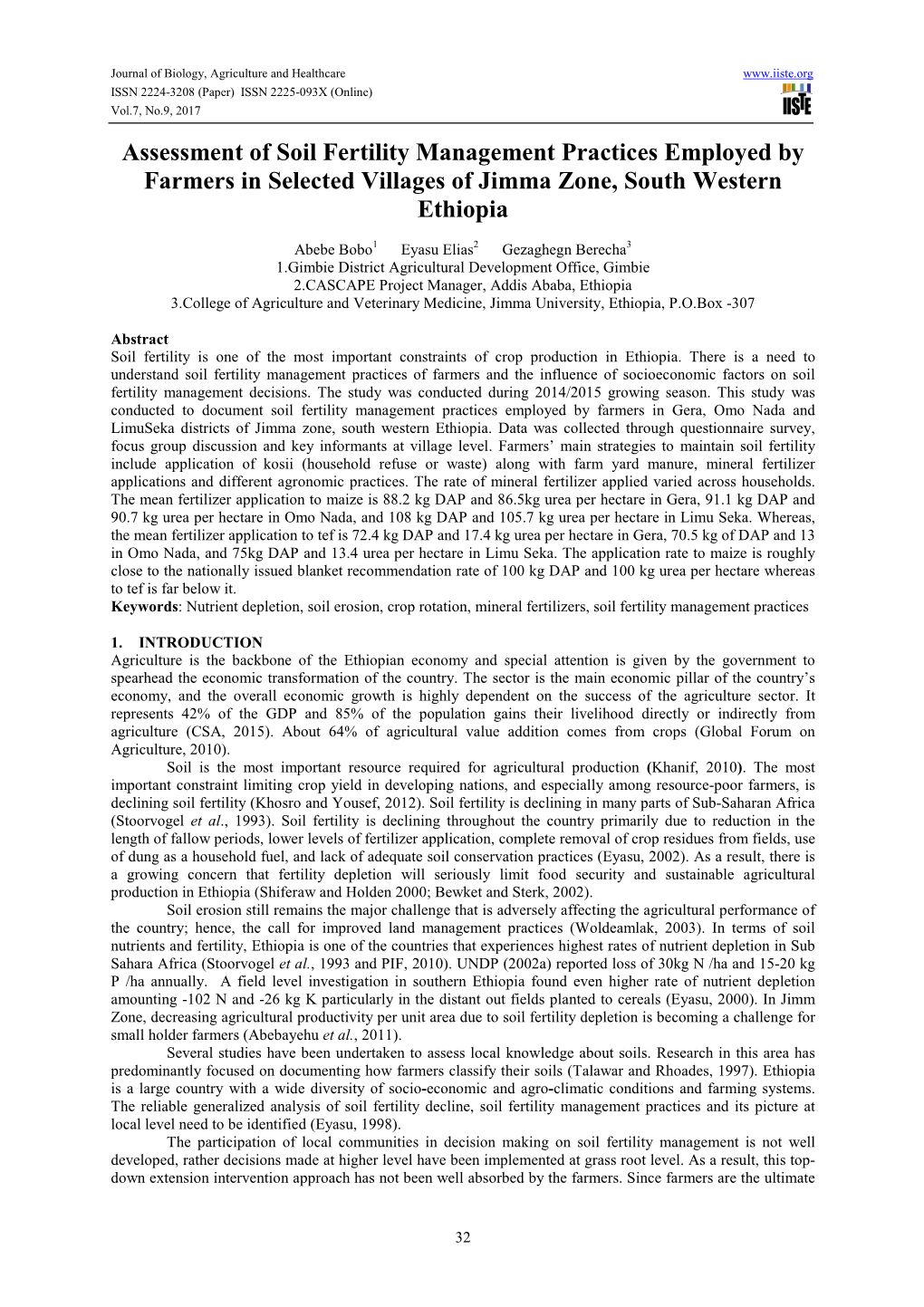 Assessment of Soil Fertility Management Practices Employed by Farmers in Selected Villages of Jimma Zone, South Western Ethiopia