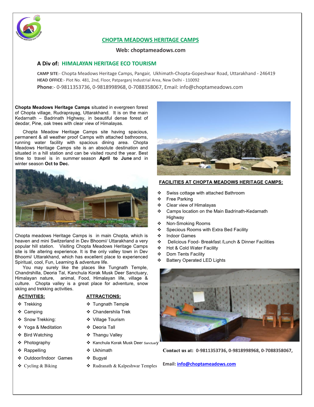 CHOPTA MEADOWS HERITAGE CAMPS Web: Choptameadows.Com