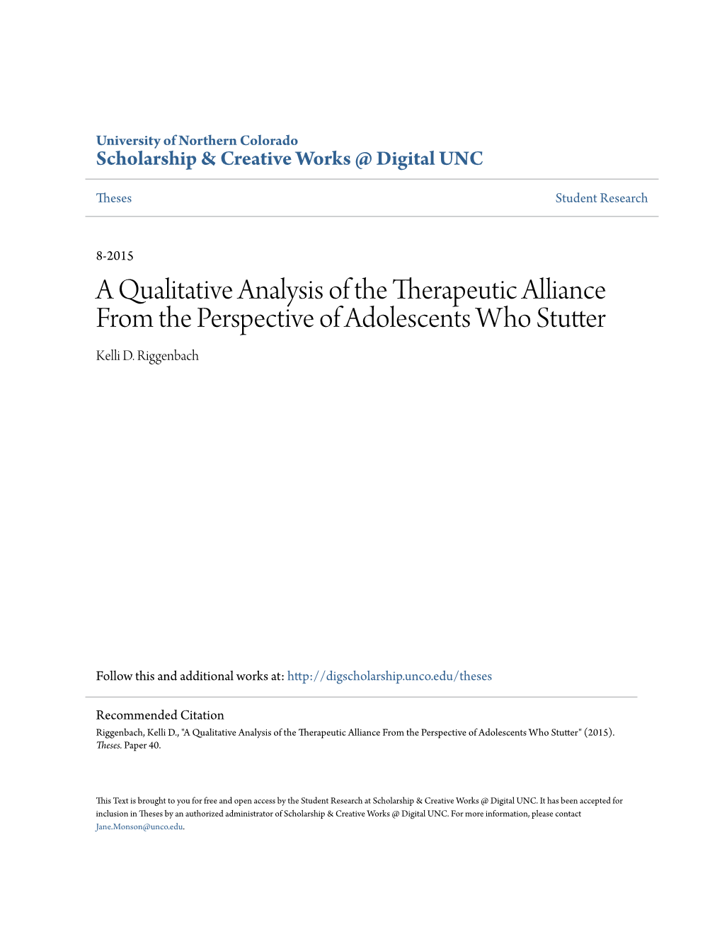 A Qualitative Analysis of the Therapeutic Alliance from the Perspective of Adolescents Who Stutter Kelli D