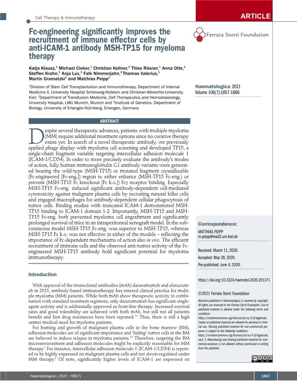 Fc-Engineering Significantly Improves the Recruitment of Immune Effector Cells by Ferrata Storti Foundation Anti-ICAM-1 Antibody MSH-TP15 for Myeloma Therapy