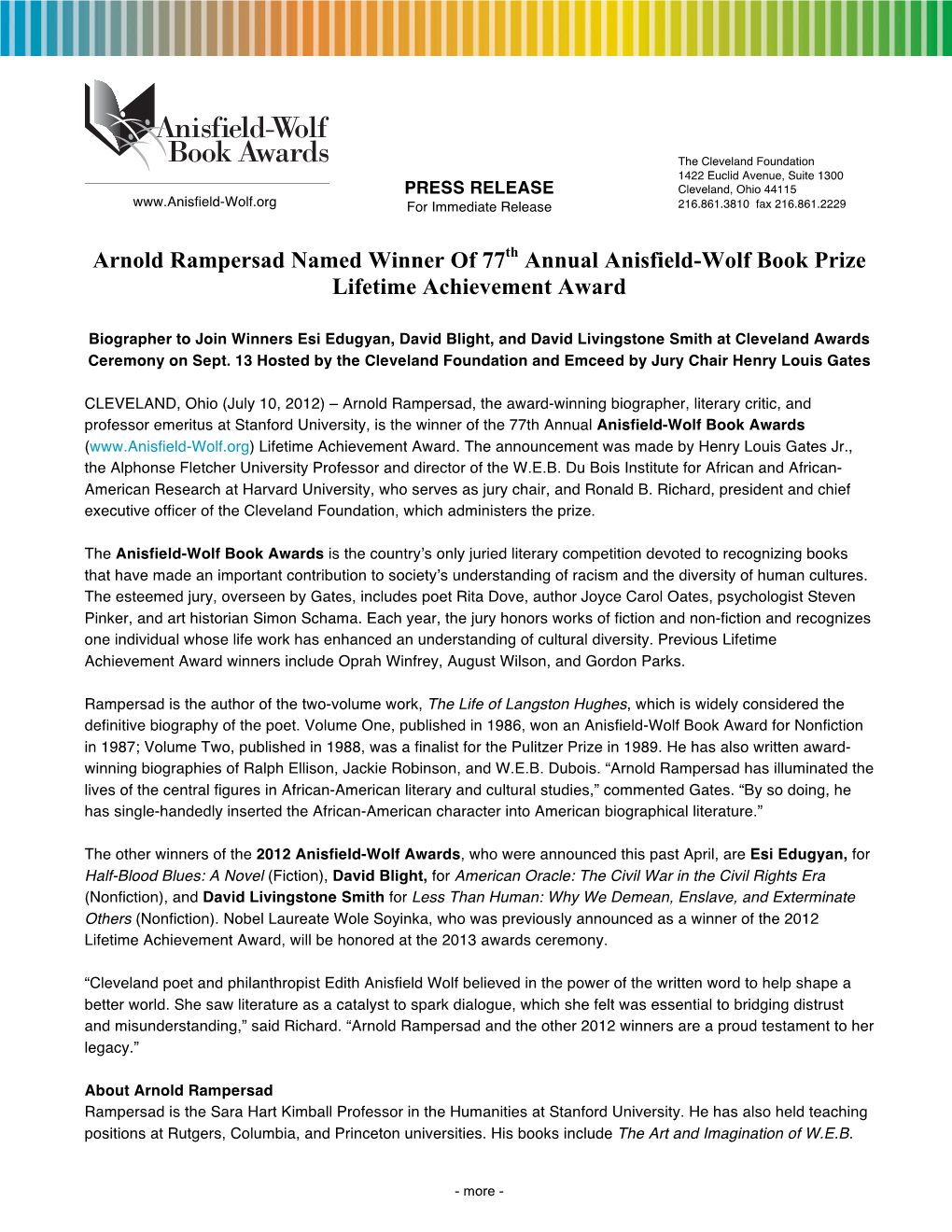 2012 Anisfield-Wolf Book Awards Press Release