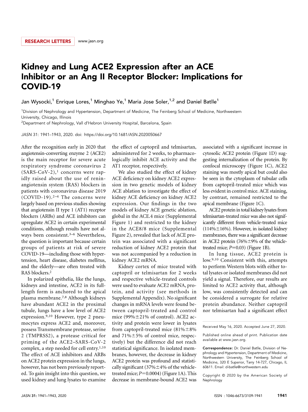 Kidney and Lung ACE2 Expression After an ACE Inhibitor Or an Ang II Receptor Blocker: Implications for COVID-19