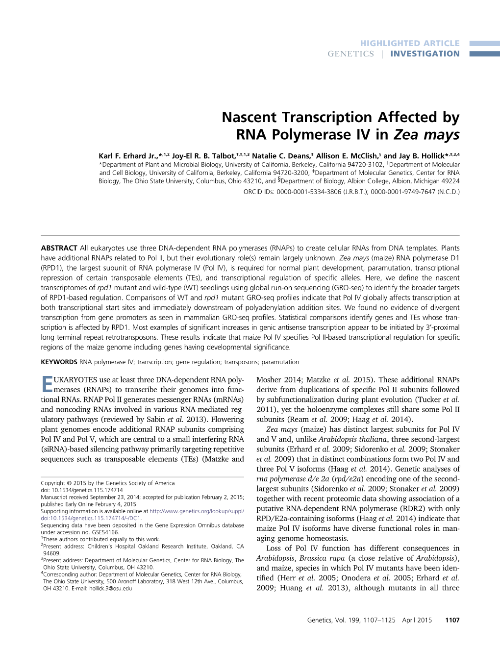 Nascent Transcription Affected by RNA Polymerase IV in Zea Mays