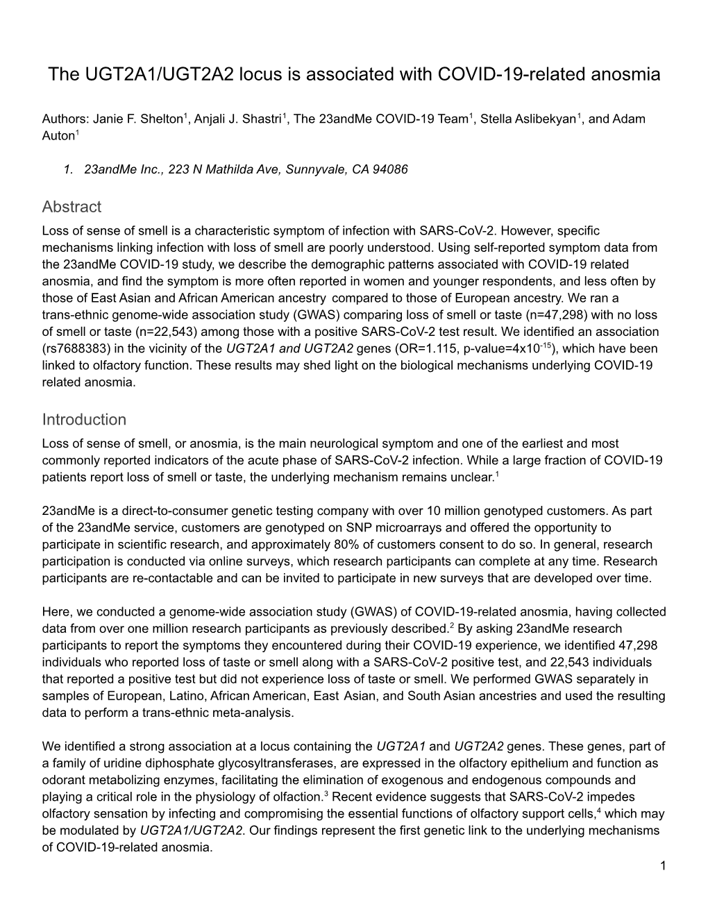 The UGT2A1/UGT2A2 Locus Is Associated with COVID-19-Related Anosmia