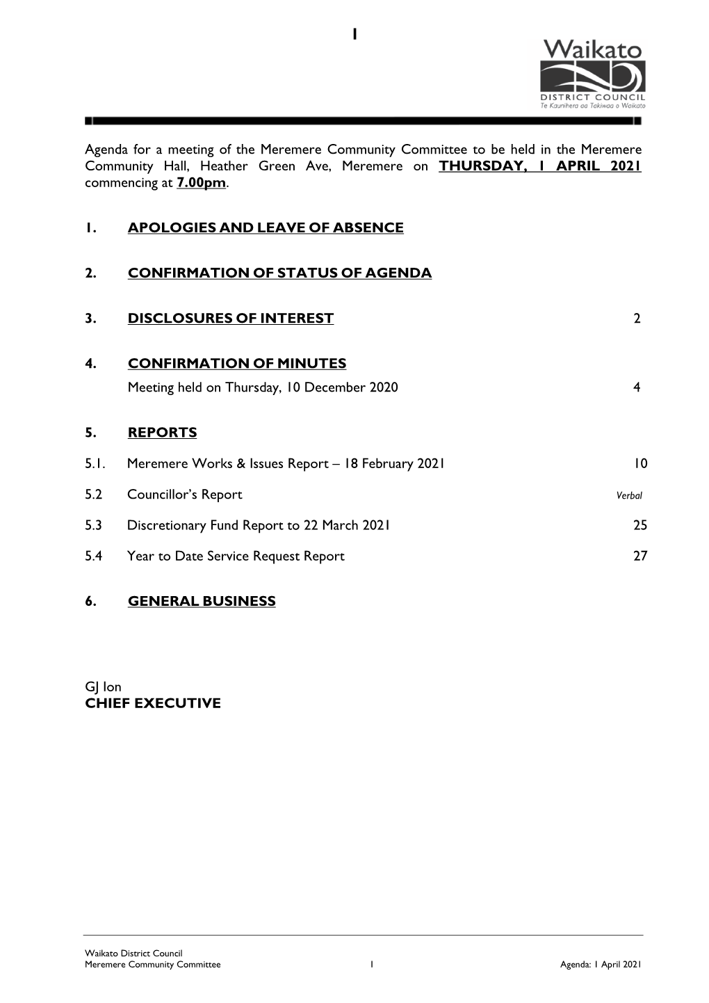 Agenda for a Meeting of the Meremere Community Committee to Be Held