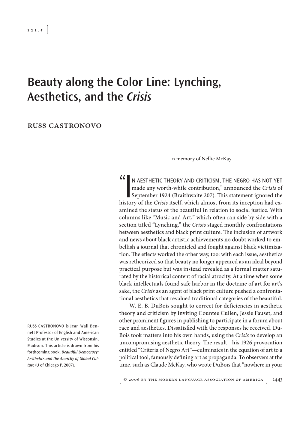 Beauty Along the Color Line: Lynching, Aesthetics, and the Crisis Russ Castronovo