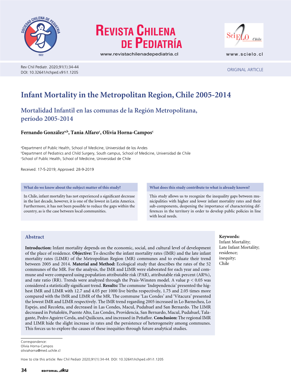 Infant Mortality in the Metropolitan Region, Chile 2005-2014