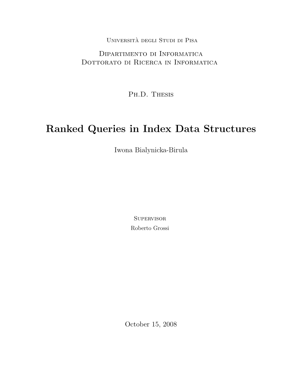 Ranked Queries in Index Data Structures