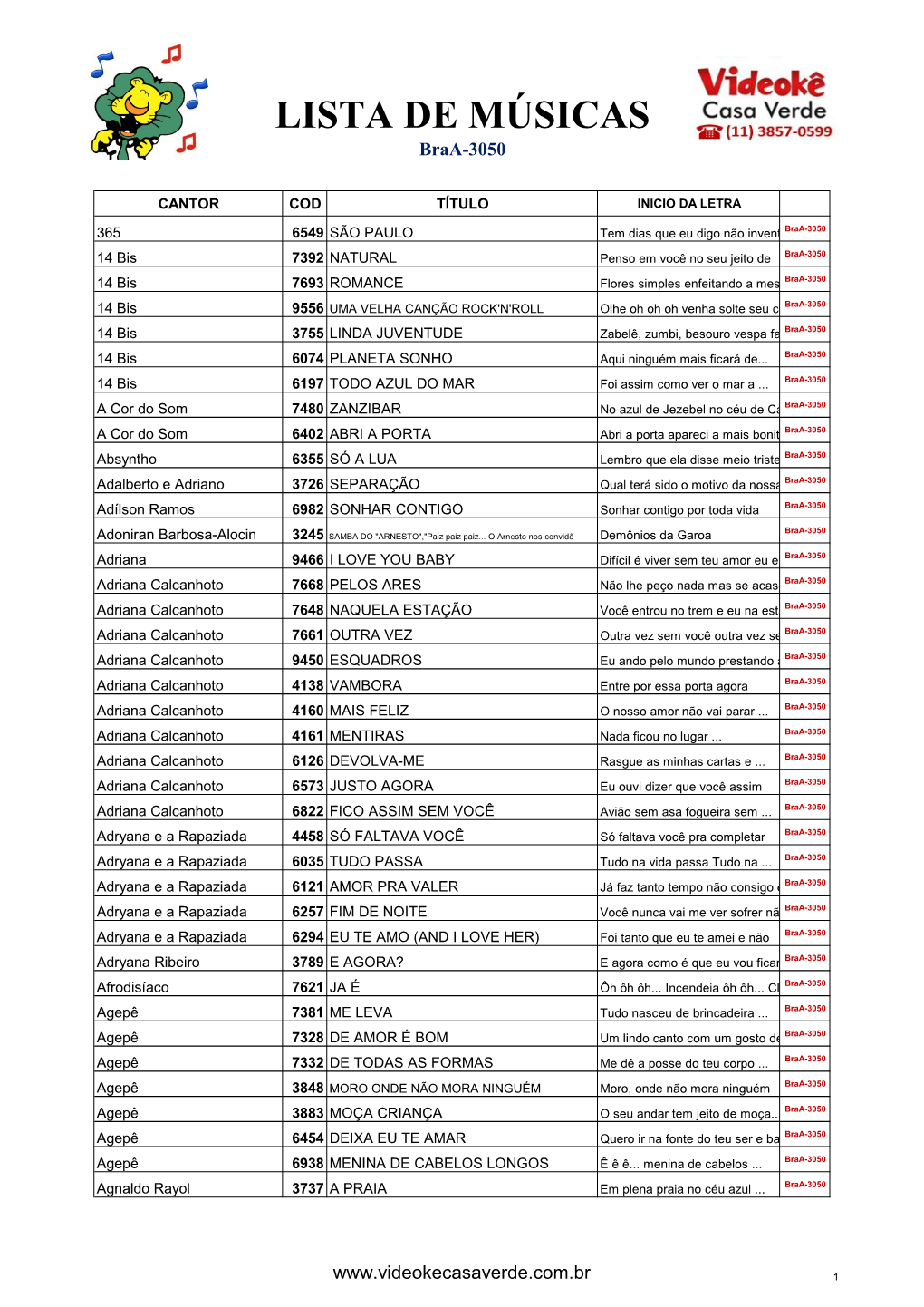 LISTA DE MÚSICAS Braa-3050