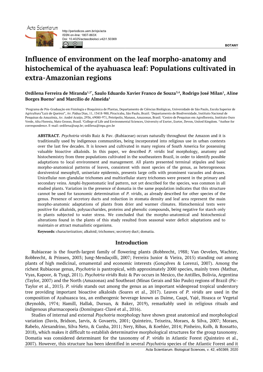 Influence of Environment on the Leaf Morpho-Anatomy and Histochemical of the Ayahuasca Leaf: Populations Cultivated in Extra-Amazonian Regions