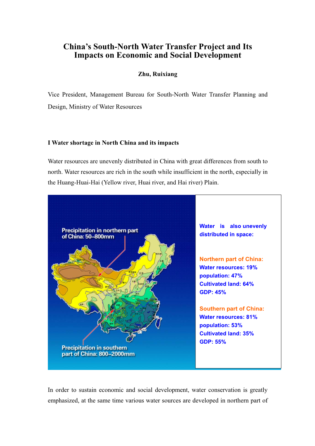 China's South-North Water Transfer Project and Its Impacts on Economic and Social Development