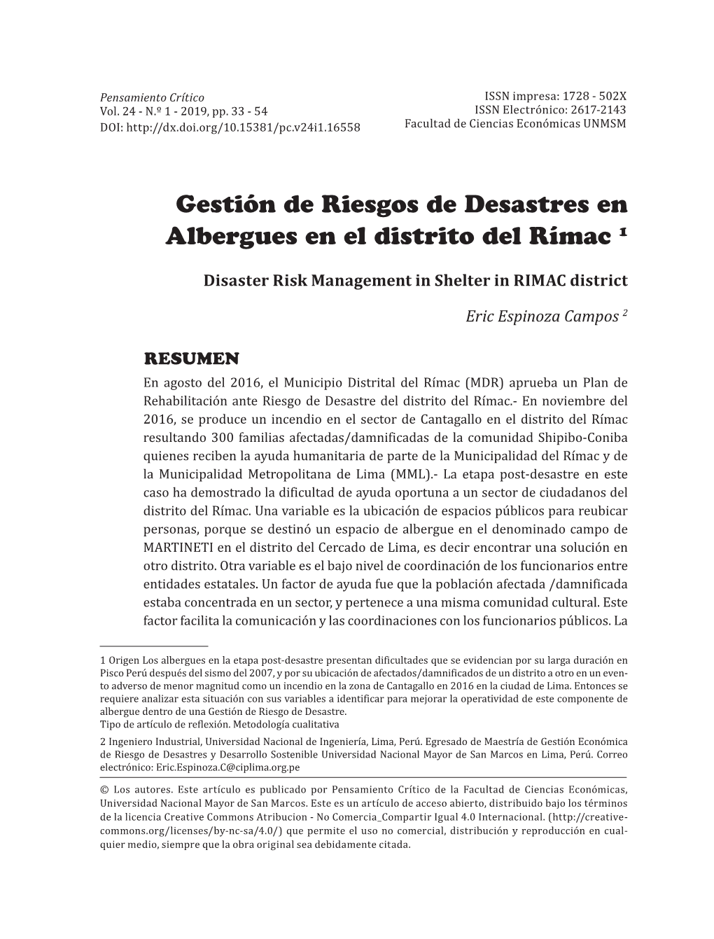 Gestión De Riesgos De Desastres En Albergues En El Distrito Del Rímac 1