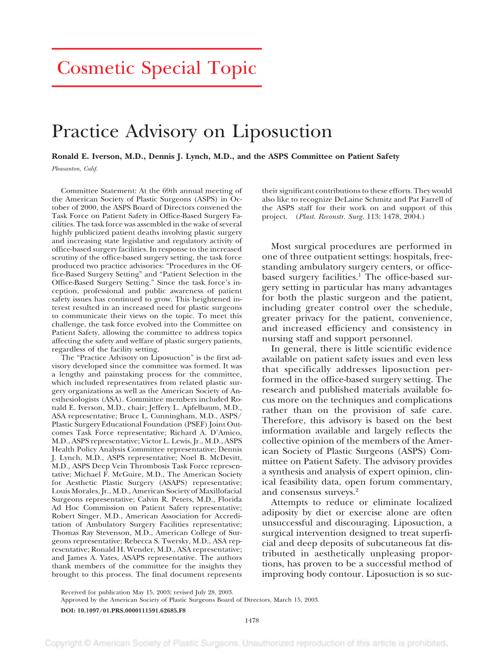 Cosmetic Special Topic Practice Advisory on Liposuction