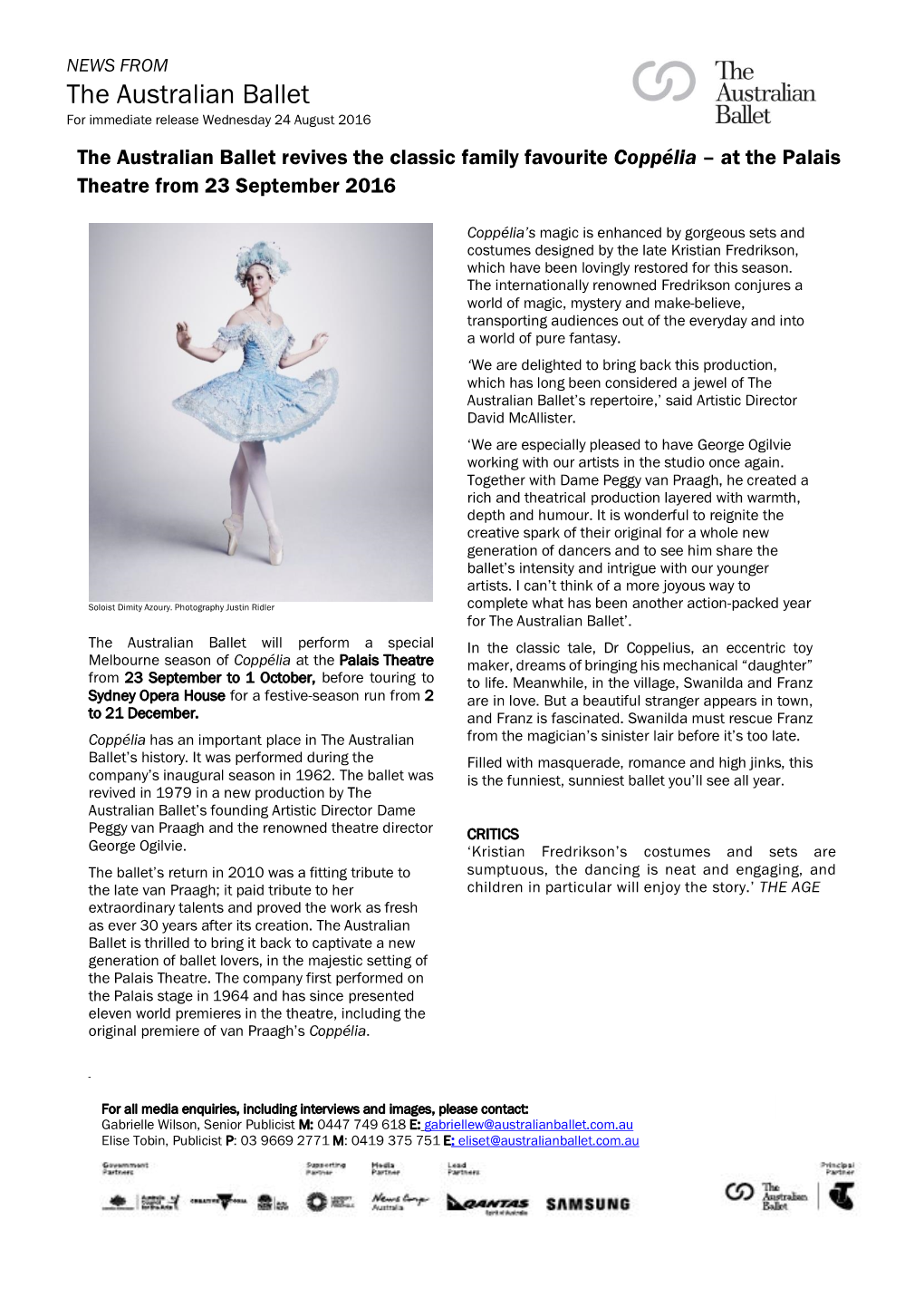 The Australian Ballet for Immediate Release Wednesday 24 August 2016