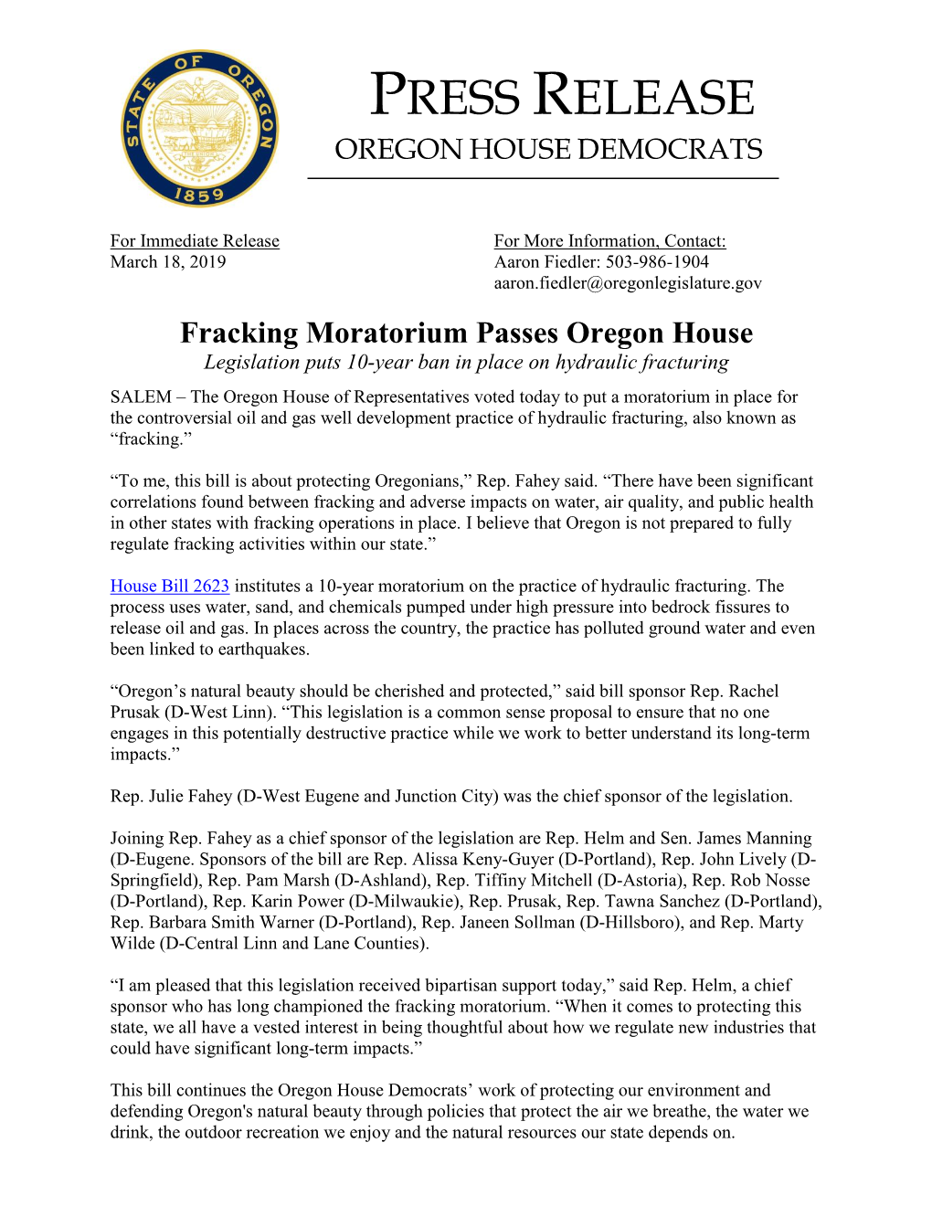 Press Release Oregon House Democrats