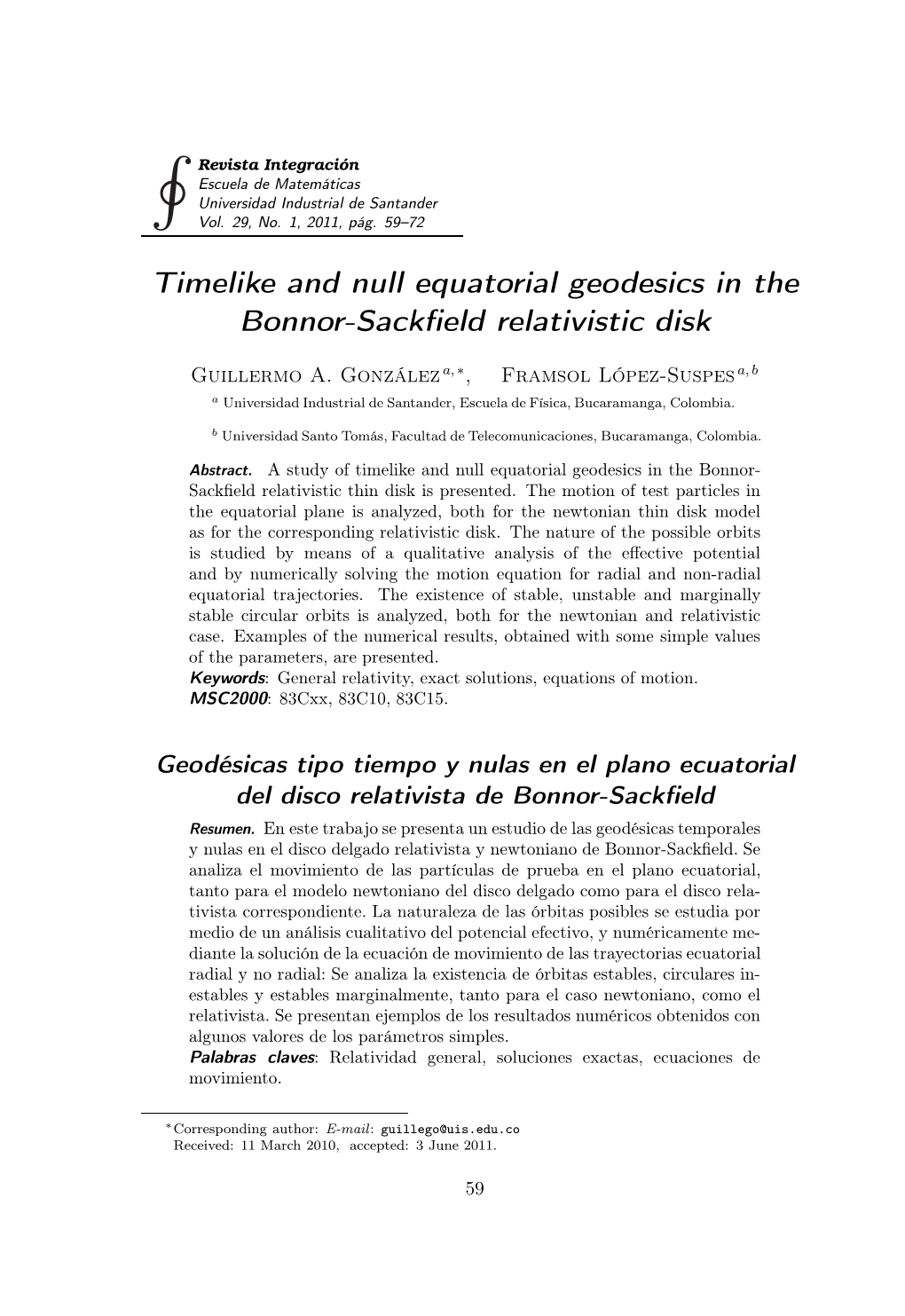 Timelike and Null Equatorial Geodesics in the Bonnor-Sackfield