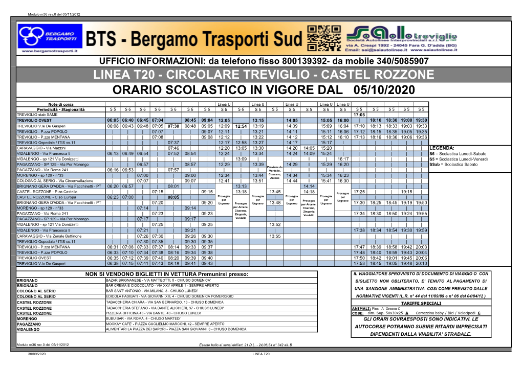 Linea T20 - Circolare Treviglio - Castel Rozzone Orario Scolastico in Vigore Dal 05/10/2020
