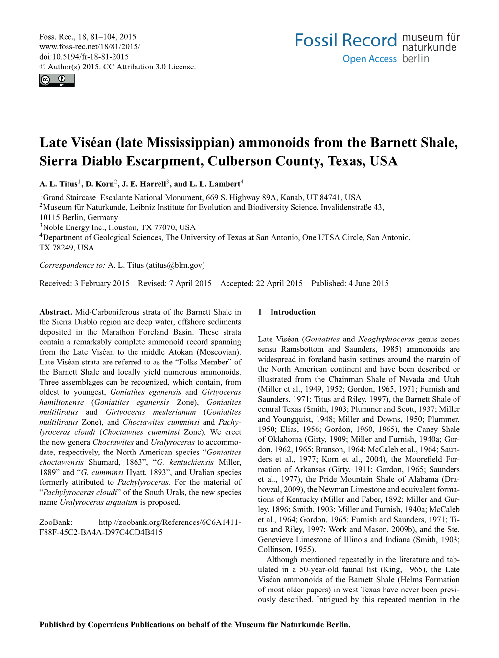 Late Viséan (Late Mississippian) Ammonoids from the Barnett Shale, Sierra Diablo Escarpment, Culberson County, Texas, USA