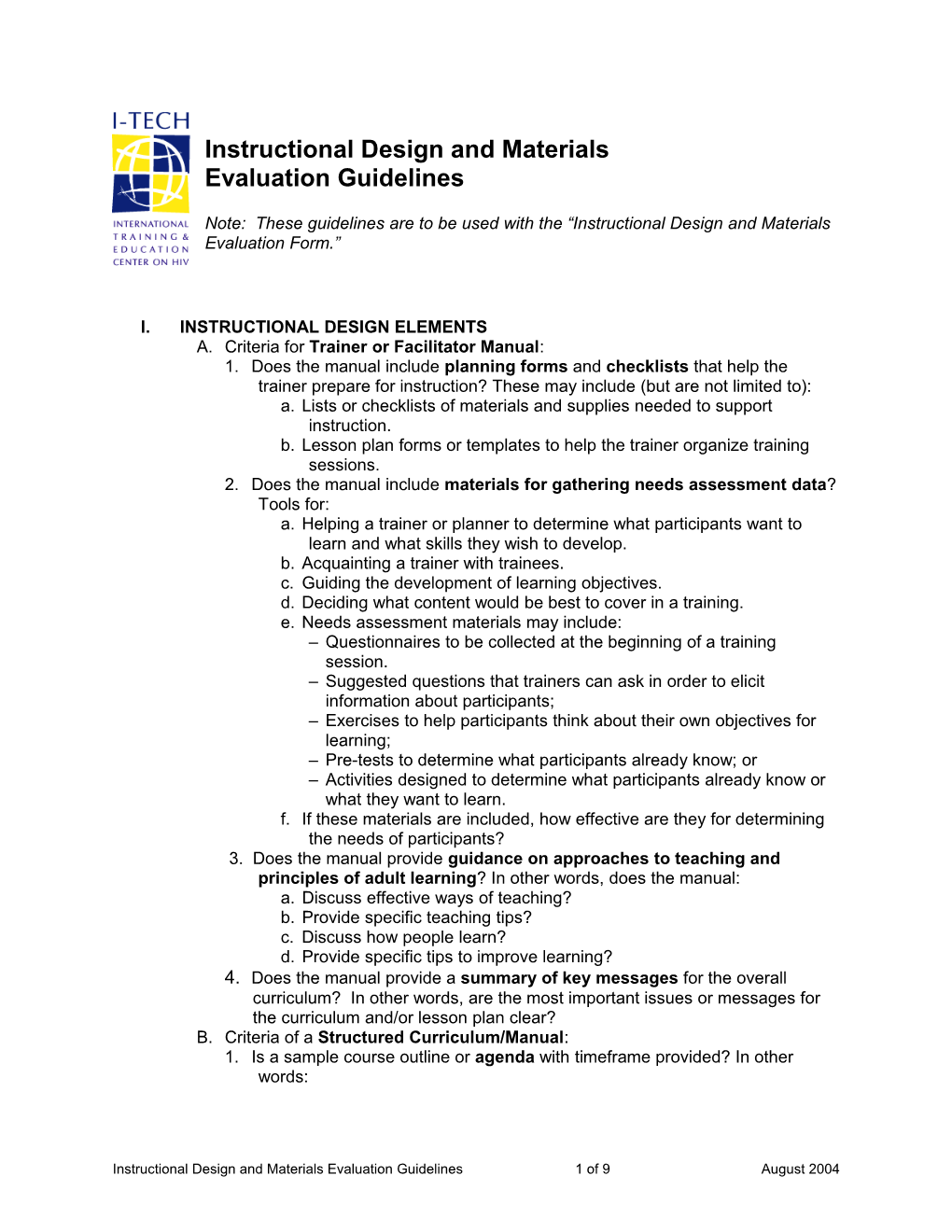 Guidelines for Instructional Design & Materials Evaluation