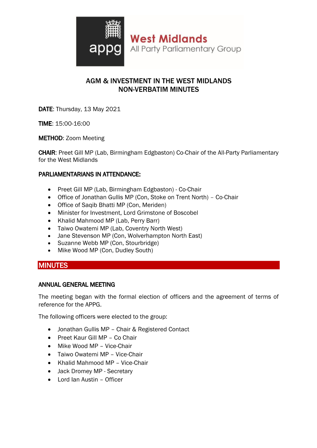 AGM and Investment in the West Midlands 2021 Minutes