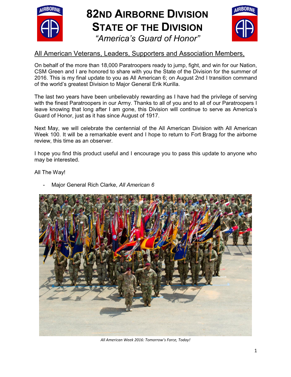 82ND AIRBORNE DIVISION STATE of the DIVISION “America’S Guard of Honor”