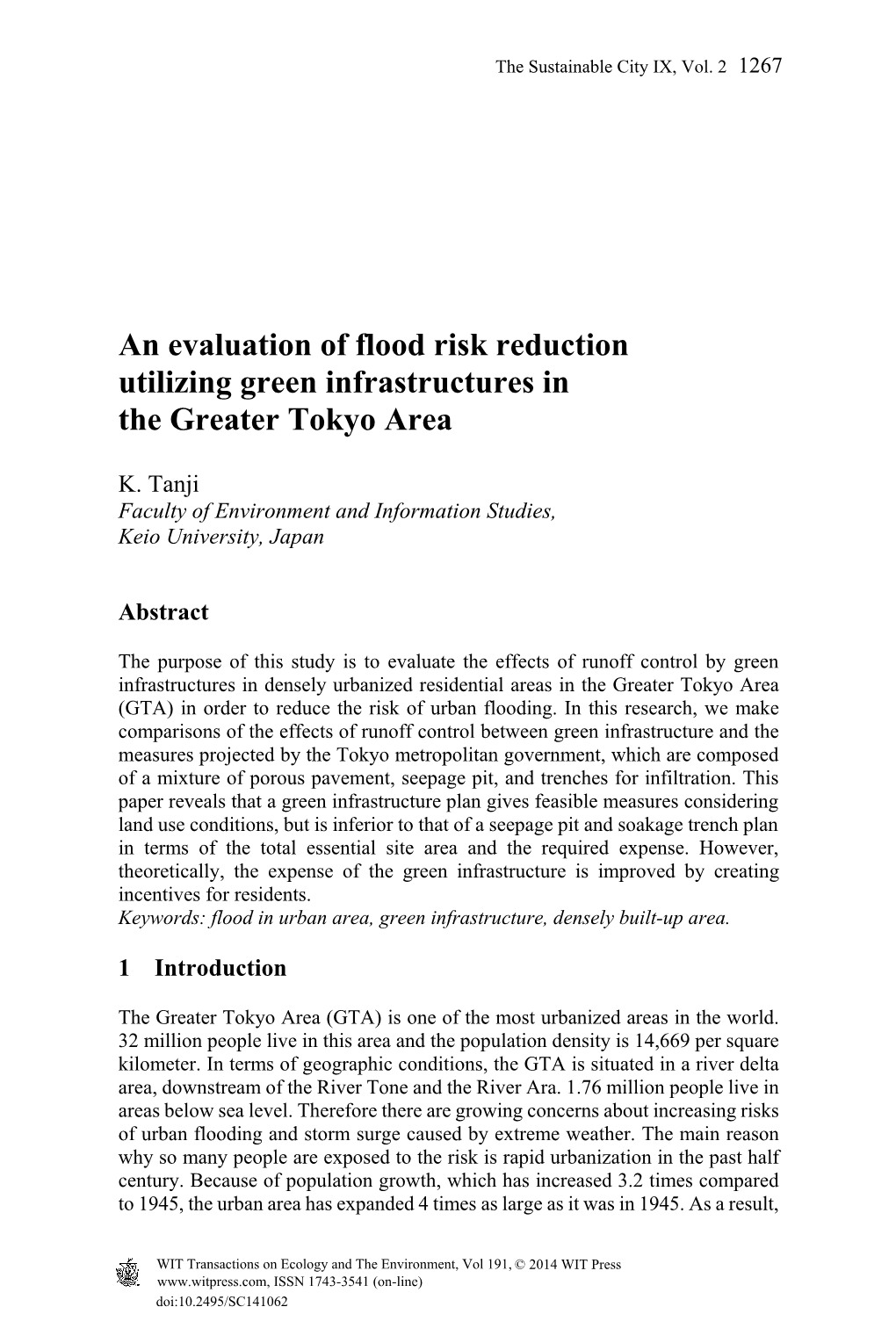 An Evaluation of Flood Risk Reduction Utilizing Green Infrastructures in the Greater Tokyo Area