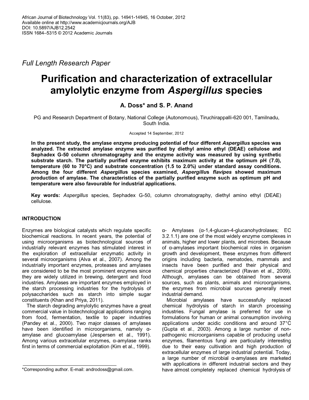 Purification and Characterization of Extracellular Amylolytic Enzyme from Aspergillus Species