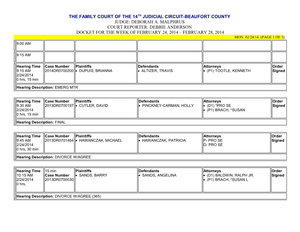 Docket for the Week of February 24, 2014 February 28, 2014