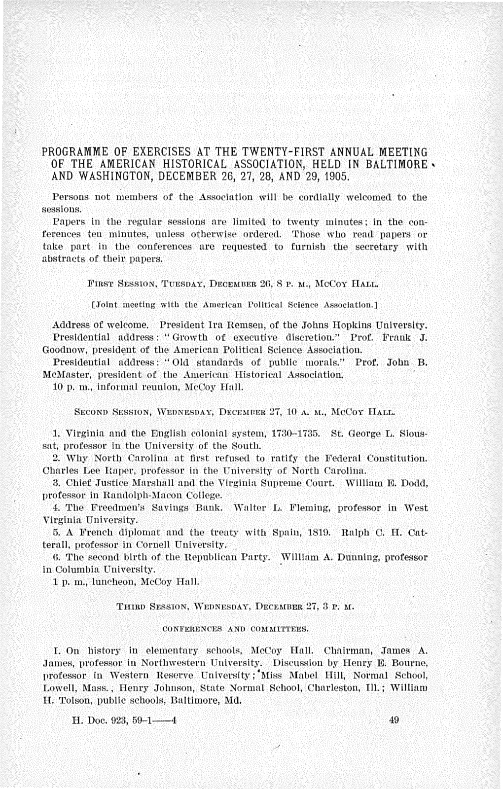 Programme of Exercises at the Twenty-First Annual Meeting of the American Historical Association, Held in Baltimore' and Washington, December 26, 27, 28, and 29, 1905