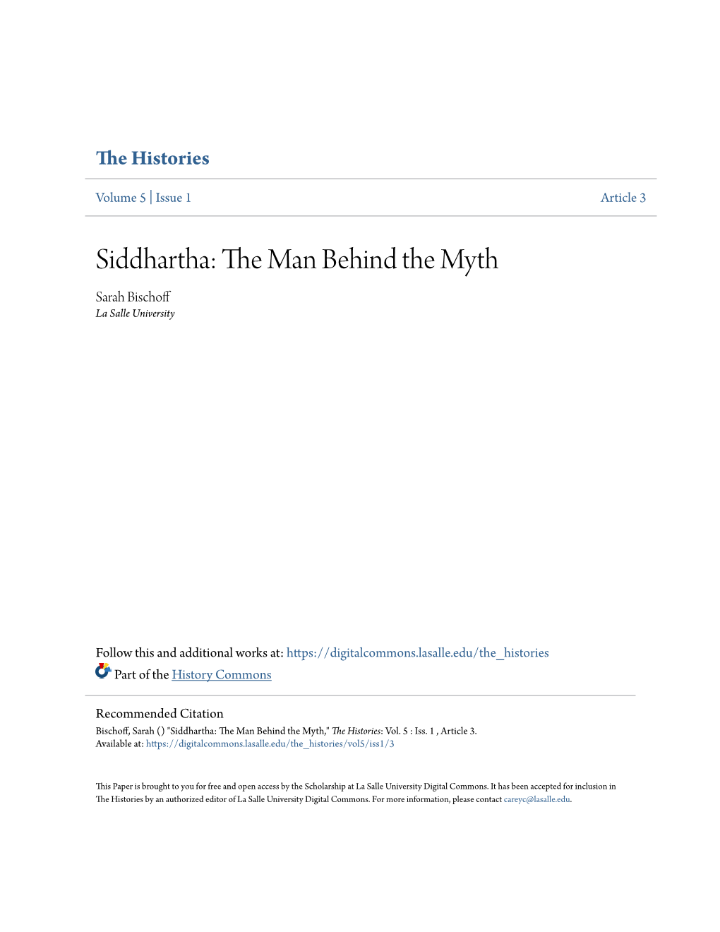 Siddhartha: the Am N Behind the Myth Sarah Bischoff La Salle University