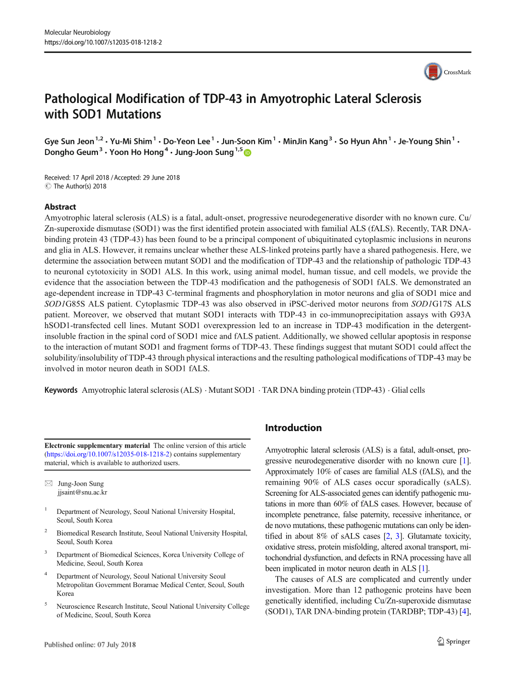 Pathological Modification of TDP-43 in Amyotrophic Lateral Sclerosis with SOD1 Mutations