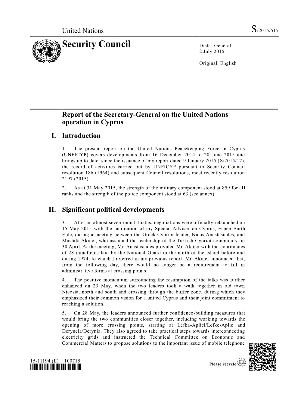 Report of the Secretary-General on the United Nations Operation in Cyprus