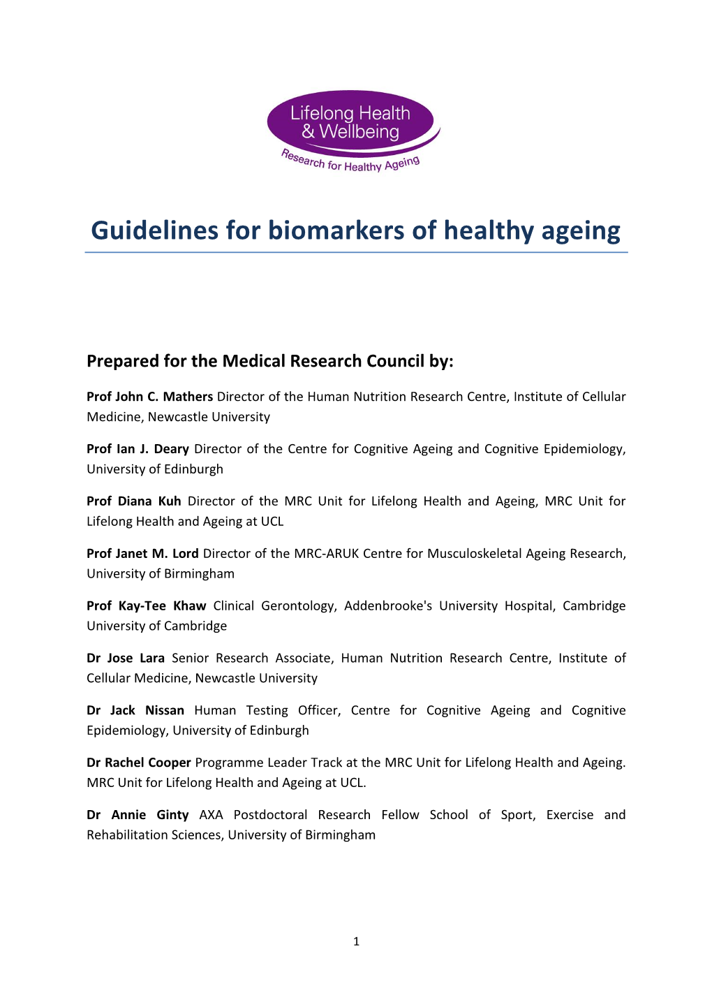 Guidelines for Biomarkers of Healthy Ageing