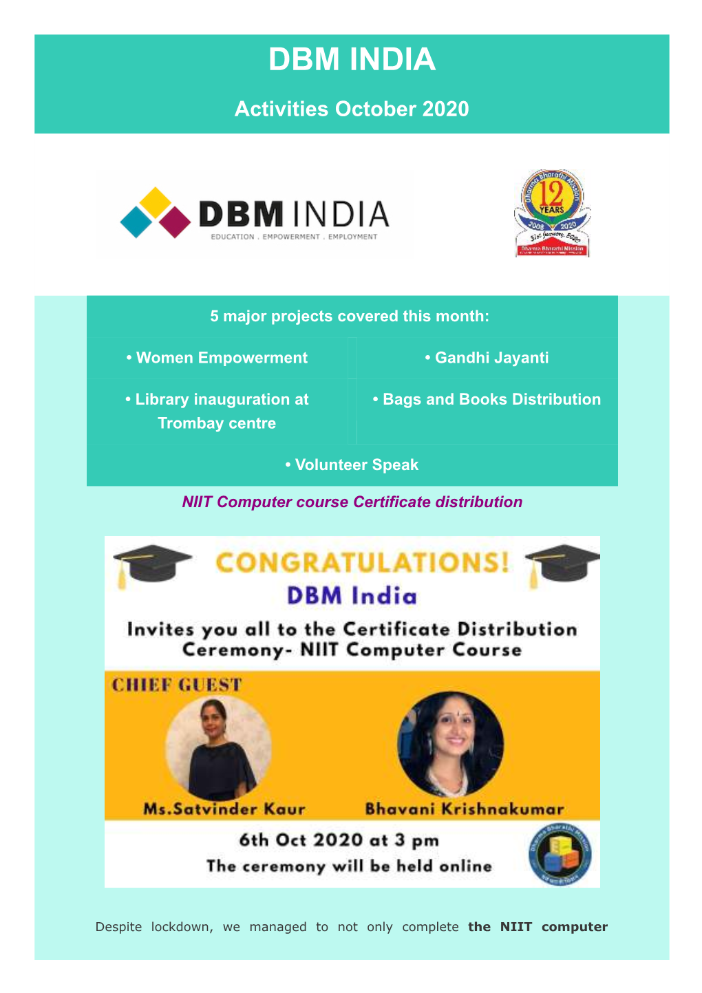 DBM INDIA Activities October 2020