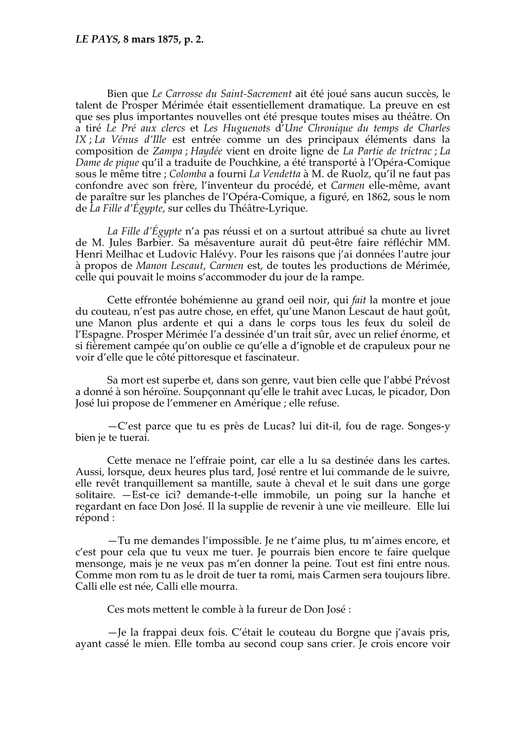 LE PAYS, 8 Mars 1875, P. 2. Bien Que Le Carrosse Du Saint-Sacrement Ait