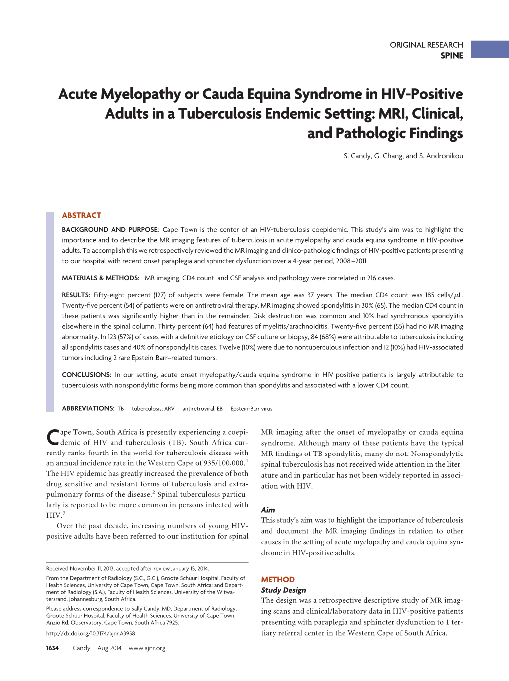 Acute Myelopathy Or Cauda Equina Syndrome in HIV-Positive Adults in a Tuberculosis Endemic Setting: MRI, Clinical, and Pathologic Findings